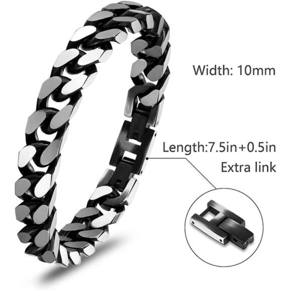 Bracelets for Men-Stainless Steel Fold Over Clasp Cuban Chain Mens Bracelet - Picture 2 of 6
